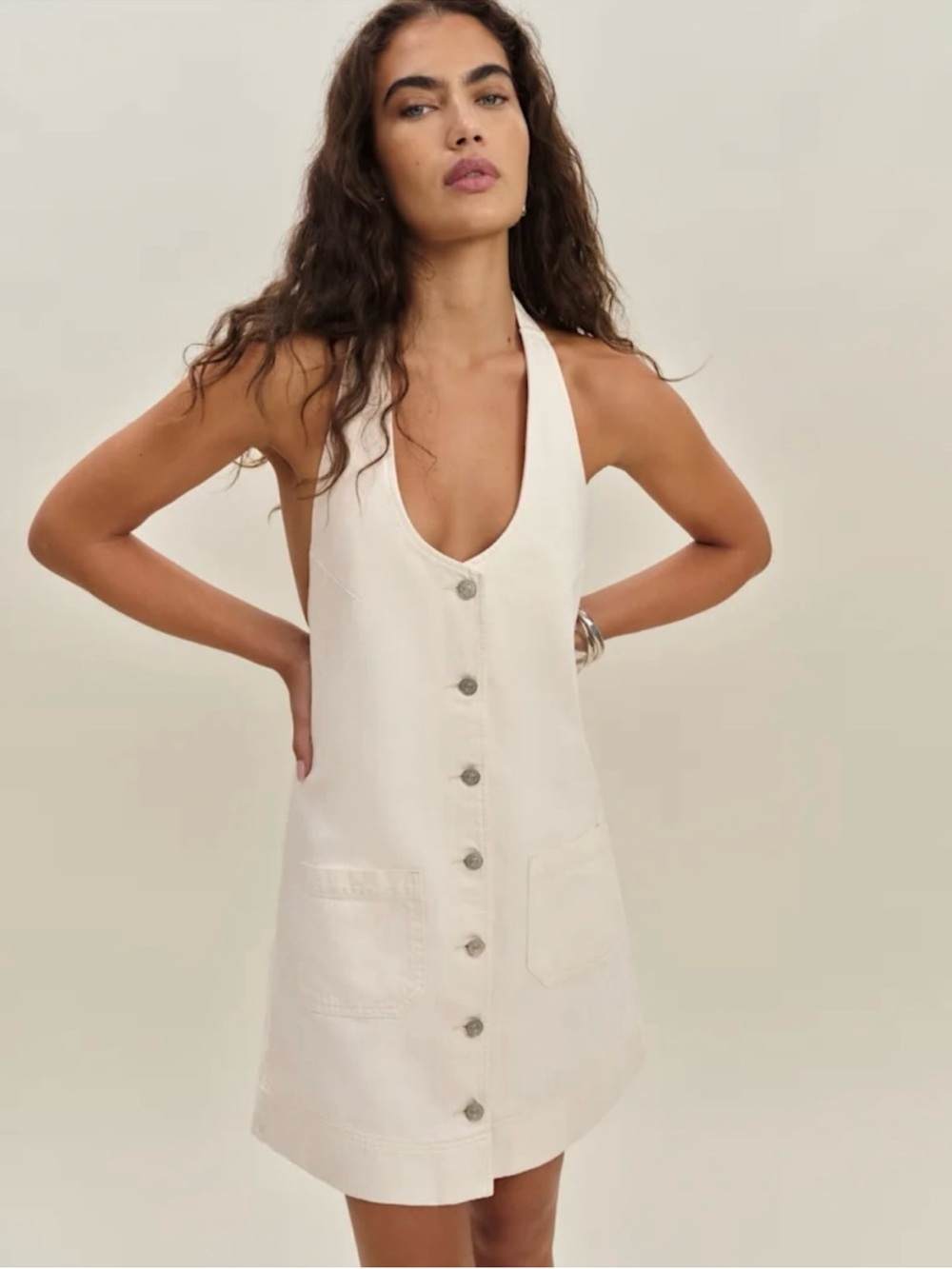 Reformation NWT Brittany denim halter mini dress organic cotton ivory sz XL